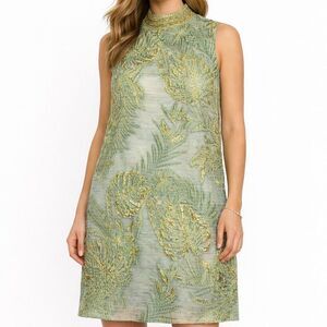 Alex Marie Green Gold Metallic Leaf Jacquard Shift Dress Sleeveless SZ 4